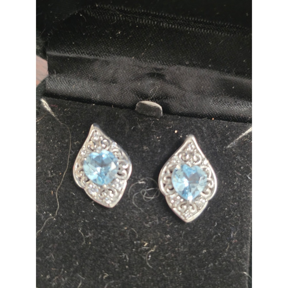 Sterling Silver Blue Topaz Heart Filigree Marquise Stud Earrings Vintage Style - Picture 8 of 16